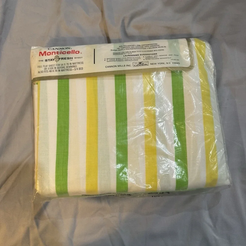 VTG CANNON MONTICELLO GREEN‎ YELLOW WHITE STRIPE Full MUSLIN FLAT SHEET NIP NEW